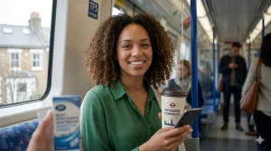 A person comfortably wearing discreet whitening strips while holding a takeaway coffee during their morning commute in the UK.