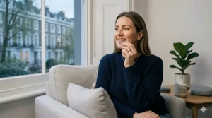 A woman comfortably wearing thin, discreet custom teeth whitening trays while relaxing at home.