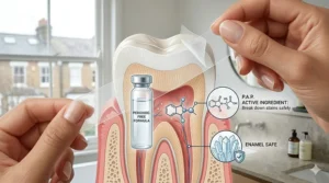 An educational diagram showing peroxide-free whitening strip ingredients and how they safely interact with tooth enamel.
