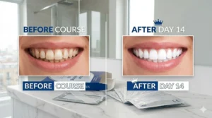 A professional before and after comparison illustrating the potential results after a 14-day course of 1 hour whitening strips.