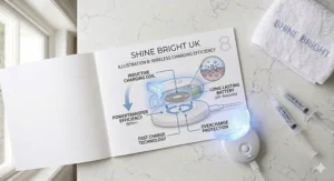 A lifestyle illustration showing the wireless LED teeth whitening device on its induction charging base with a focus on its portable, cordless design.