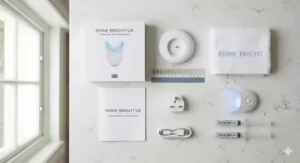 An overhead flat lay unboxing showing the complete contents of the wireless LED teeth whitening kit, including the device, gel syringes, and shade guide.