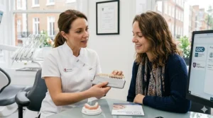 A British dentist in a clinical setting explaining cheap teeth whitening options to a patient during a check-up.