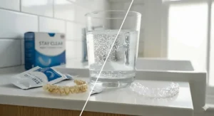Alt text for image 4: A split-screen illustration showing a discoloured dental aligner next to a sparkling clear one after using cleaning crystals.