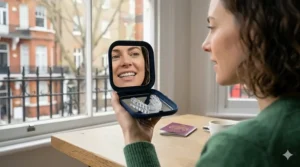 A woman using the built-in mirror of an open travel aligner storage case to check her trays while sitting in a cafe.