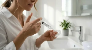A person carefully applying a small drop of whitening gel into a bespoke dental tray as part of a dentist take home whitening kit routine.