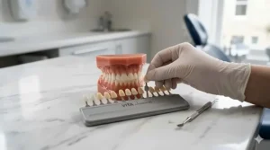 A high-detail 4K photorealistic photograph of a British woman carefully applying thin, flexible whitening strips to her upper teeth in a natural-light-filled UK bathroom.