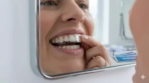 A close-up, high-detail reflection in a bathroom mirror showing a person carefully applying a clear adhesive whitening strip to their upper teeth.