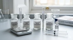 A high-detail, 4K photorealistic photograph illustrating the components of a comprehensive at-home teeth whitening kit, including mouth trays, gel syringes, and an LED accelerator light, displayed on a clean white countertop under soft, natural daylight.