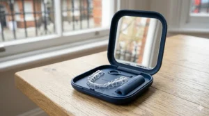 Close-up illustration of a breathable travel aligner storage case with ventilation holes to keep orthodontic trays hygienic.