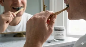 Side profile of a person brushing their teeth with charcoal powder in front of a bathroom mirror to remove tea and coffee stains.
