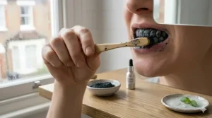 A close-up of someone brushing their teeth with charcoal-based natural whitening powder, creating a dark foam.