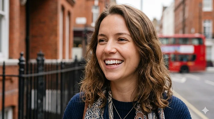 A smiling woman in a bright London setting showing off natural white teeth after an affordable professional whitening treatment. cheap teeth whitening