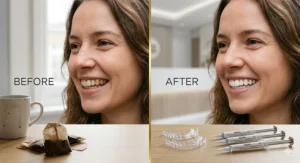 Side-by-side comparison of stained teeth versus bright white teeth after a low-cost dental whitening course.