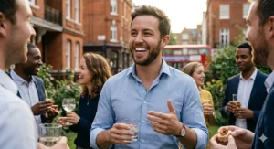 A confident British man laughing at a social event, showcasing his teeth after a successful cheap teeth whitening treatment.
