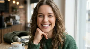 A person smiling confidently after using a portable on the go whitening pen to remove tea and coffee stains.