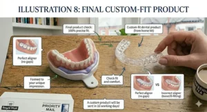 The final clear custom-fit dental aligner shown alongside the original mould for a precision fit check.