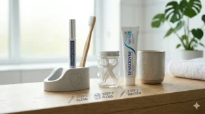 A modern British bathroom shelf displaying a 'Clean, Floss, Whiten' routine with a bamboo toothbrush, floss picks, and a Lumina Smile UK whitening pen.