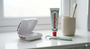Alt text for image 9: A bathroom countertop setting featuring an aligner removal tool alongside a toothbrush and storage case.