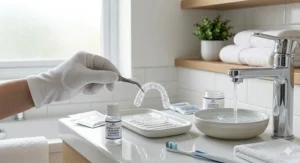 A close-up of cleaning crystals dissolving in water, highlighting the powerful effervescence required for removing stubborn build-up on dental retainers.