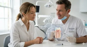 A UK dentist explaining the safety of professional-grade peroxide and GDC-registered oversight to a patient in a modern dental surgery.