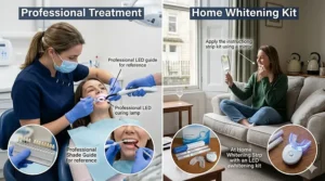 A high-detail, 4K photorealistic illustration contrasting a dentist-applied professional teeth whitening procedure with a modern at-home kit used in a UK living room.