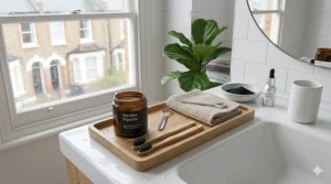 A lifestyle shot of an amber glass jar of natural whitening powder and wooden toothbrushes on an organised bathroom shelf.