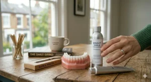 A flat-lay of dental maintenance products and a model of white teeth, showing the final results of whitening for coffee stains.