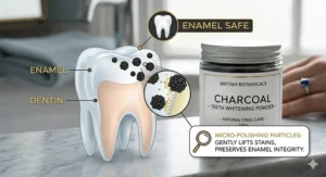 A dental infographic showing how micro-polishing charcoal particles lift surface stains while preserving enamel integrity.