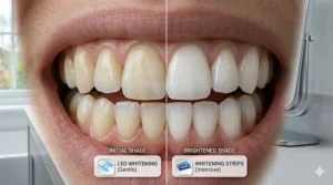 A side-by-side visual comparison of the results achieved by gentle LED whitening versus intensive whitening strips on human teeth.