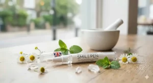 An illustration of the gentle peroxide-free ingredients used in a British-standard on the go whitening pen.