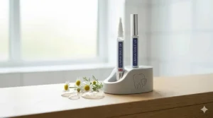 An illustration featuring a whitening pen alongside natural chamomile flowers, representing a peroxide-free formula specially designed for sensitive teeth.