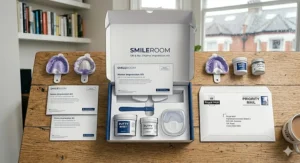 All contents of a SmileRoom home impression kit including putty tubs, trays, and a Royal Mail tracked return envelope.