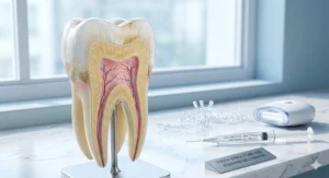 Alt text for image 2: An educational diagram illustrating how tobacco tar and nicotine penetrate dental enamel to cause deep extrinsic staining on smokers' teeth.