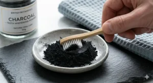 A person dipping a bamboo toothbrush into a small dish of black charcoal whitening powder as part of a natural dental routine.