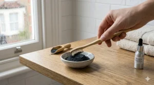 A person dipping a sustainable bamboo toothbrush into a small ceramic bowl filled with black natural teeth whitening powder.