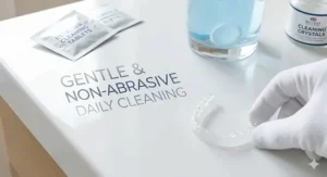 A sterile environment showing a clear retainer being handled carefully after a professional-grade soak in a bacterial-removing solution.