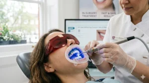 A patient undergoing a safe and fast laser teeth whitening treatment at a UK dental practice.