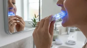 A person using a blue light LED teeth whitening device at home, shown in a clean, modern bathroom setting with natural morning light.