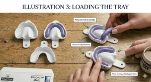 Close-up of mixed dental putty being rolled into a sausage shape and placed into a white impression tray.