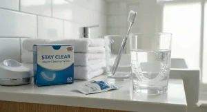 Alt text for image 5: A clean bathroom setting featuring a toothbrush, white towels, and aligner cleaning crystals for a fresh daily maintenance routine.