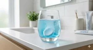 A typical British bathroom setting featuring a morning cleaning routine with a retainer soaking in a dedicated container next to crystals and tablets.