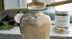 Flat lay of raw coconut shells, fresh peppermint leaves, and bentonite clay used in a natural charcoal whitening formula.