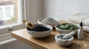 Bowls of natural ingredients including activated charcoal, bentonite clay, and fresh peppermint leaves used in whitening powder.