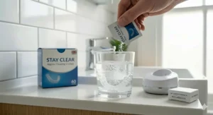 Alt text for image 6: Close-up of a sachet being added to a glass, with text highlighting the UK-safe, non-abrasive formula that prevents scratching.