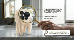 A magnifying glass view of a tooth surface demonstrating the gentle, non-abrasive action of coconut shell charcoal powder.