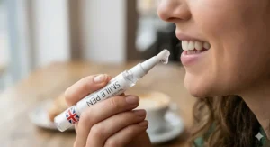 Close-up of the precision brush tip on an on the go whitening pen for easy application.