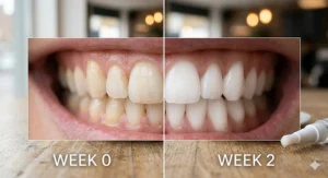 A comparison showing the effective results of using an on the go whitening pen over a two-week period.