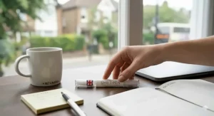 A discreet on the go whitening pen sitting on an office desk next to a ceramic coffee cup.