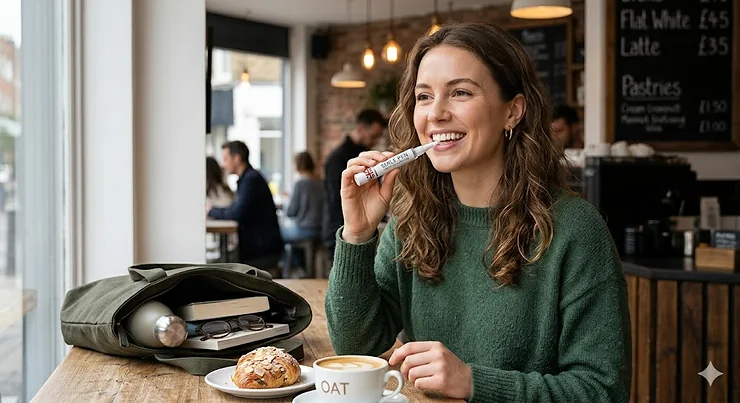 A person using a professional on the go whitening pen to brighten their smile while in a modern London coffee shop. on the go whitening pen